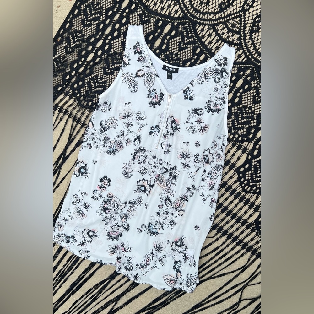 Express Paisley Floral V Neck Zip Front Sleeveless Blouse Top Semi Sheer Small - Picture 2 of 10